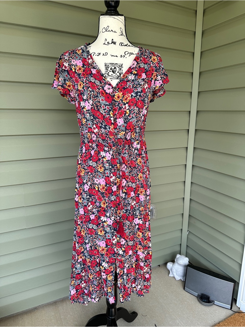 Knox Rose Floral V-Neck Midi Dress in Multi-Color smocked waist, tassel ties